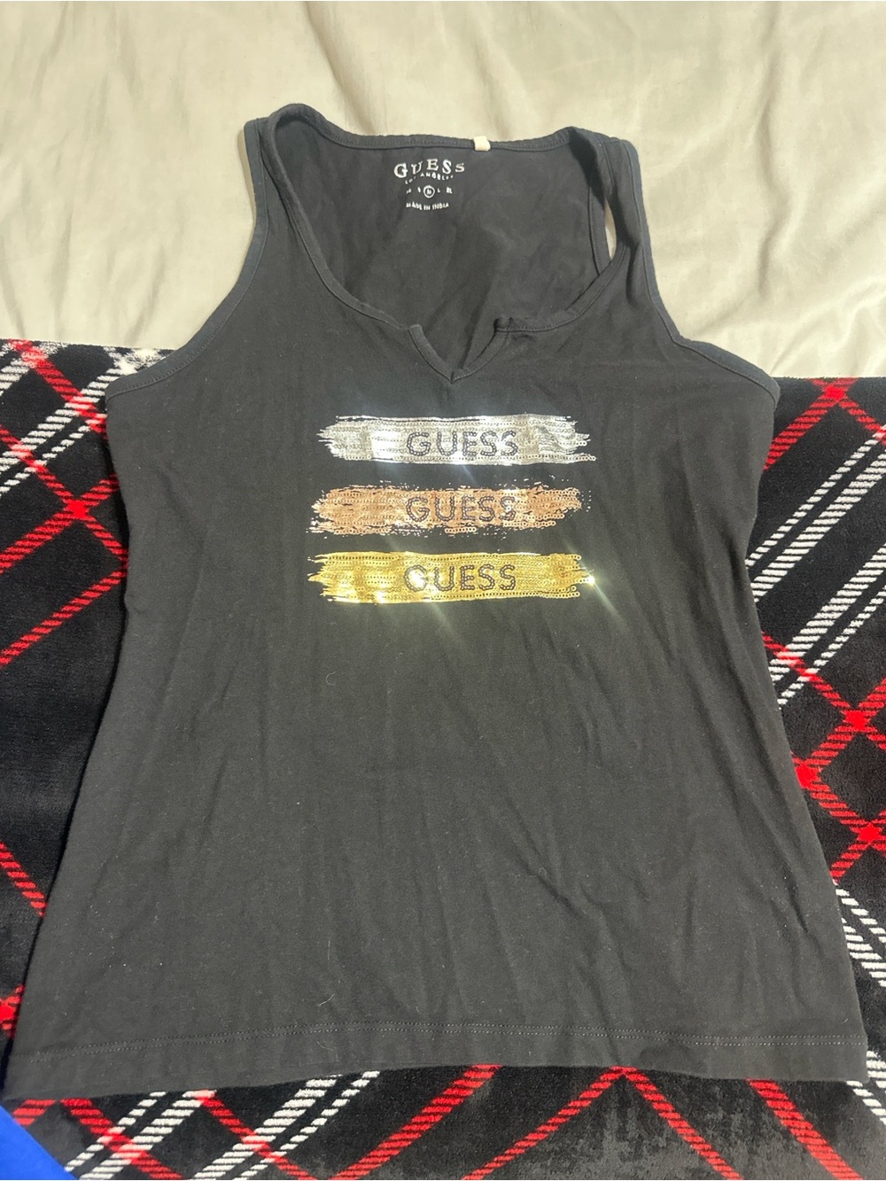 GUESS Black Tank with Metallic Silver, Bronze, and Gold Brush Logos